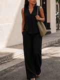Casual Solid-Color Two-Piece Set Sleeveless V-Neck Top & Drawstring Wide-Leg Pants With Pockets HANI-TY035