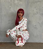 Sexy Cherry-Print Two-Piece Set: Open-Collar Long-Sleeve Top & Pants XS-26L2501
