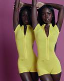 Summer Short-Sleeve Zip-Front Fitted Yoga Jumpsuit XS-26L2530