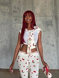 Sexy Cherry-Print Two-Piece Set: Open-Collar Long-Sleeve Top & Pants XS-26L2501