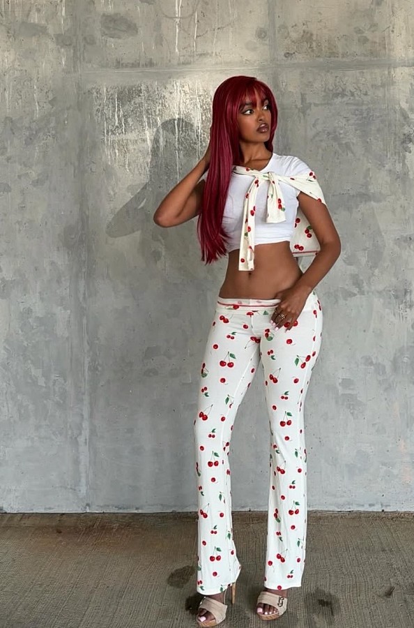 Sexy Cherry-Print Two-Piece Set: Open-Collar Long-Sleeve Top & Pants XS-26L2501