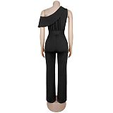 Stylish Solid-Color Elegant One-Shoulder Belted Jumpsuit BY-7718