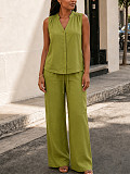 Casual Solid-Color Two-Piece Set Sleeveless V-Neck Top & Drawstring Wide-Leg Pants With Pockets HANI-TY035