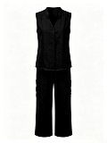 Casual Solid-Color Two-Piece Set Sleeveless V-Neck Top & Drawstring Wide-Leg Pants With Pockets HANI-TY035