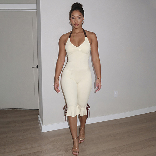 Halter Backless Flared Trouser Leg Knee Length Pants Romper RS-C26JP028