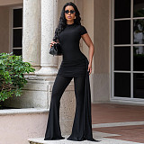 Stylish Solid-Color High-Neck Ruched Slim-Fit Dress Top and Flared Pants Set YF-11026