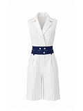 Casual Striped Sleeveless Blazer & Color-Block Waistband Shorts Two-Piece Set HANI-YW015