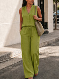 Casual Solid-Color Two-Piece Set Sleeveless V-Neck Top & Drawstring Wide-Leg Pants With Pockets HANI-TY035