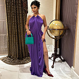 Solid-Color Edgy Street-Style Sleeveless High-Waisted Slit Dress With Ruching ZJQD-90753