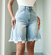 Stylish Light Blue High-Waisted Distressed Bermuda Shorts With Asymmetrical Frayed Hems RS-YL2777
