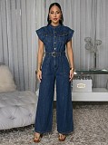 Sexy Round-Neck Paneled Sleeveless Zip-Front Slim-Fit Denim Jumpsuit CM-4502
