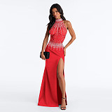 Halter Beaded Sleeveless Gown Slit Sheer Net Maxi Dress CYA-902370