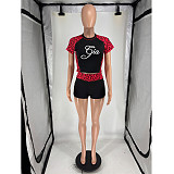 Stylish Printed Leopard-Print Patchwork Short-Sleeve Top & Athletic Shorts Two-Piece Set FOS-8856