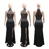 Halter Beaded Sleeveless Gown Slit Sheer Net Maxi Dress CYA-902370