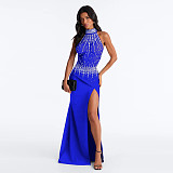 Halter Beaded Sleeveless Gown Slit Sheer Net Maxi Dress CYA-902370