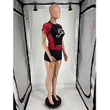 Stylish Printed Leopard-Print Patchwork Short-Sleeve Top & Athletic Shorts Two-Piece Set FOS-8856
