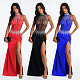 Halter Beaded Sleeveless Gown Slit Sheer Net Maxi Dress CYA-902370
