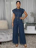 Sexy Round-Neck Paneled Sleeveless Zip-Front Slim-Fit Denim Jumpsuit CM-4502