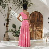 Solid Slanted Neck Crop Top Casual Evening Dress Set CYA-902218