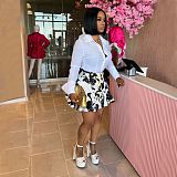 Retro Tulip-patterned V-neck Slimming Golden Button Puff Sleeved Shirt Dress Set SFY-578