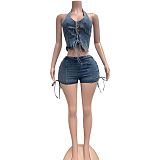 Sexy Halter-Neck Tie-Strap High-Stretch Washed Denim Set