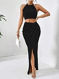 Chic Solid-Color Crinkled Halter Crop Top & Slit Maxi Skirt Two-Piece Set HANI-YM063