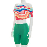 Sexy One-Shoulder Printed Crop Top & Solid-Color Leggings Two-Piece Set RS-26ST125