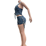 Sexy Halter-Neck Tie-Strap High-Stretch Washed Denim Set