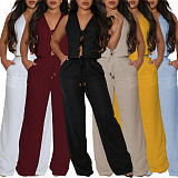 Casual Two-Piece Set Sleeveless V-Neck Tie-Front Top & Drawstring Wide-Leg Pants HANI-YM030