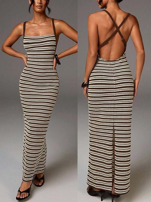 Sexy Slim-Fit Color-Block Striped Maxi Dress  Low-Cut Spaghetti-Strap Backless Design XS-26L2112
