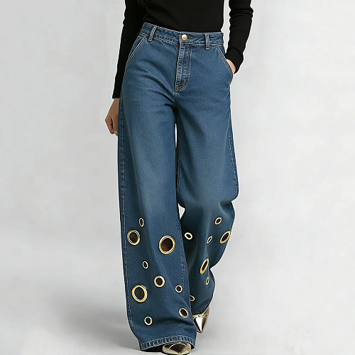 Fashionable Washed Loose-Fit Curved-Seam Straight-Leg Jeans With Eyelet Details RS-LD2814