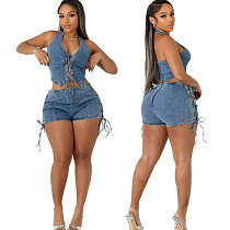 Sexy Halter-Neck Tie-Strap High-Stretch Washed Denim Set