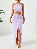 Chic Solid-Color Crinkled Halter Crop Top & Slit Maxi Skirt Two-Piece Set HANI-YM063
