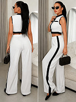 Casual Color-Block Sleeveless Crop Top & Side-Stripe Wide-Leg Pants Two-Piece Set HANI-MC020 Casual Color-Block Sleeveless Crop Top & Side-Stripe Wide-Leg Pants Two-Piece Set HANI-MC020