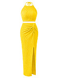 Chic Solid-Color Crinkled Halter Crop Top & Slit Maxi Skirt Two-Piece Set HANI-YM063