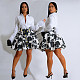 Retro Tulip-patterned V-neck Slimming Golden Button Puff Sleeved Shirt Dress Set SFY-578