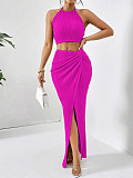 Chic Solid-Color Crinkled Halter Crop Top & Slit Maxi Skirt Two-Piece Set HANI-YM063