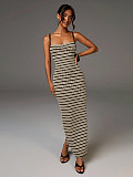Sexy Slim-Fit Color-Block Striped Maxi Dress  Low-Cut Spaghetti-Strap Backless Design XS-26L2112