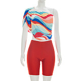 Sexy One-Shoulder Printed Crop Top & Solid-Color Leggings Two-Piece Set RS-26ST125
