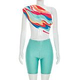 Sexy One-Shoulder Printed Crop Top & Solid-Color Leggings Two-Piece Set RS-26ST125