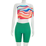 Sexy One-Shoulder Printed Crop Top & Solid-Color Leggings Two-Piece Set RS-26ST125