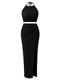 Chic Solid-Color Crinkled Halter Crop Top & Slit Maxi Skirt Two-Piece Set HANI-YM063
