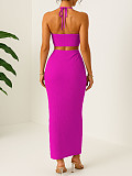 Chic Solid-Color Crinkled Halter Crop Top & Slit Maxi Skirt Two-Piece Set HANI-YM063