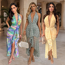 V-Neck Print Halter Irregular Backless Beach Dress CYA-902383