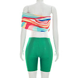 Sexy One-Shoulder Printed Crop Top & Solid-Color Leggings Two-Piece Set RS-26ST125