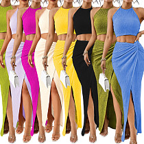 Chic Solid-Color Crinkled Halter Crop Top & Slit Maxi Skirt Two-Piece Set HANI-YM063
