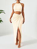 Chic Solid-Color Crinkled Halter Crop Top & Slit Maxi Skirt Two-Piece Set HANI-YM063