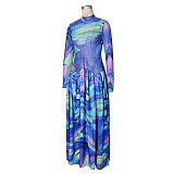 Standing Collar Net Fabric Spliced Wide Skirt Formal Dress Long Sleeves Dresses RS-G0777