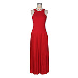 Striped Vest Pleated Skirt Slim Cincher Waist Maxi Dress RS-G0780