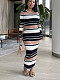 Striped Knitted Round Neck Long Sleeved Slimming Stretch Maxi Dresses LSD-2850